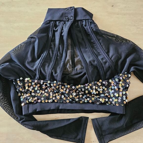 Weissman NWOT child medium half top black mesh with gold sequin costume jazz - Picture 5 of 7
